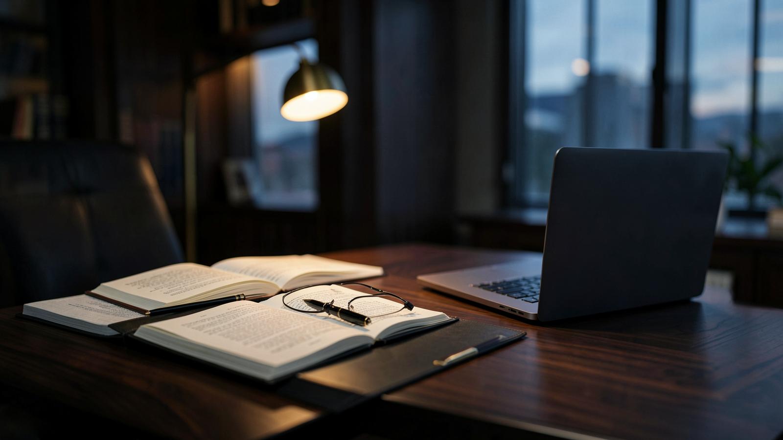 Law office desk at dusk with open casebooks, a fountain pen and a laptop